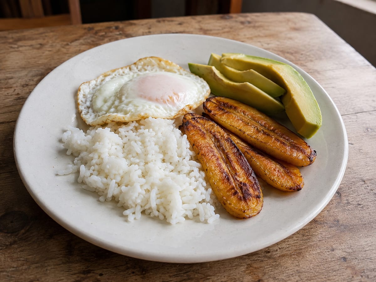 Arroz blanco con huevo frito, tajadas de plátano maduro y aguacate