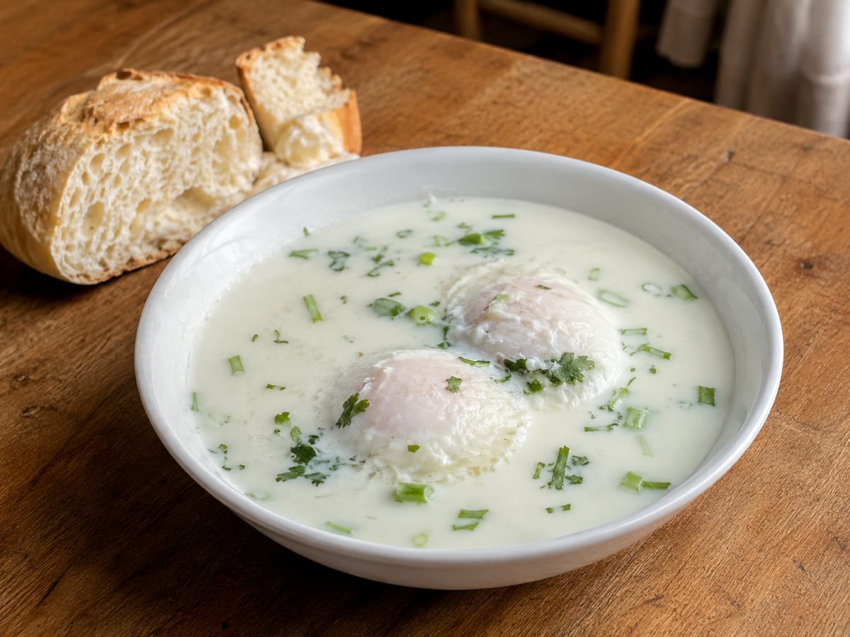 Changua santafereña con huevo pochado, cilantro y pan