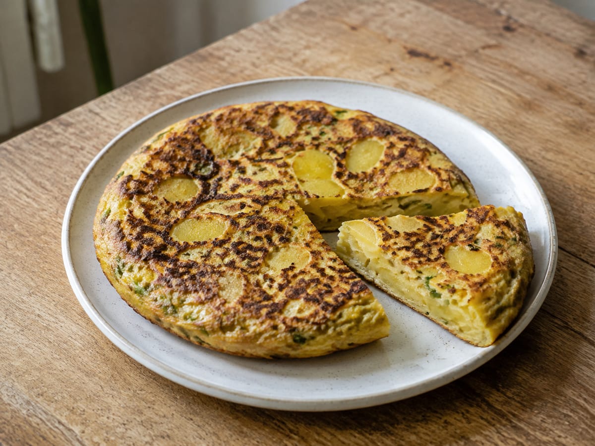 Tortilla dorada de huevo con papa criolla y cebolla larga